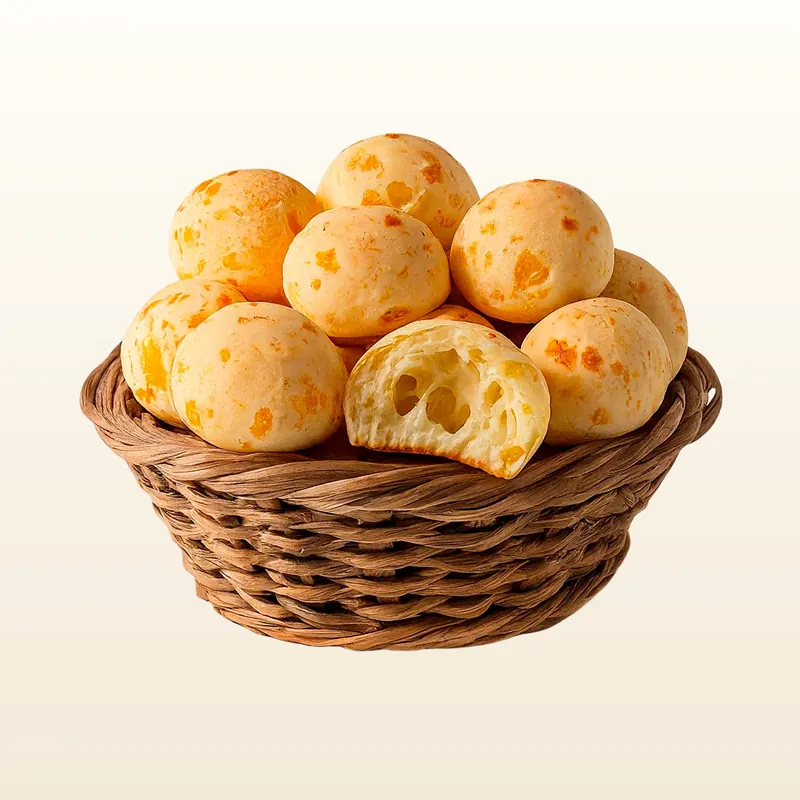 Pão de queijo quentinho, dourado e crocante por fora